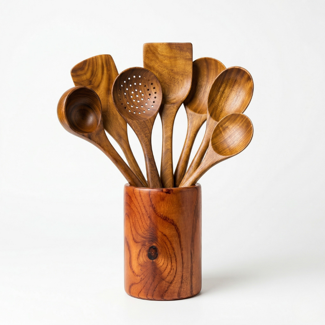 Seven acacia wood cooking utensils displayed in a wooden holder