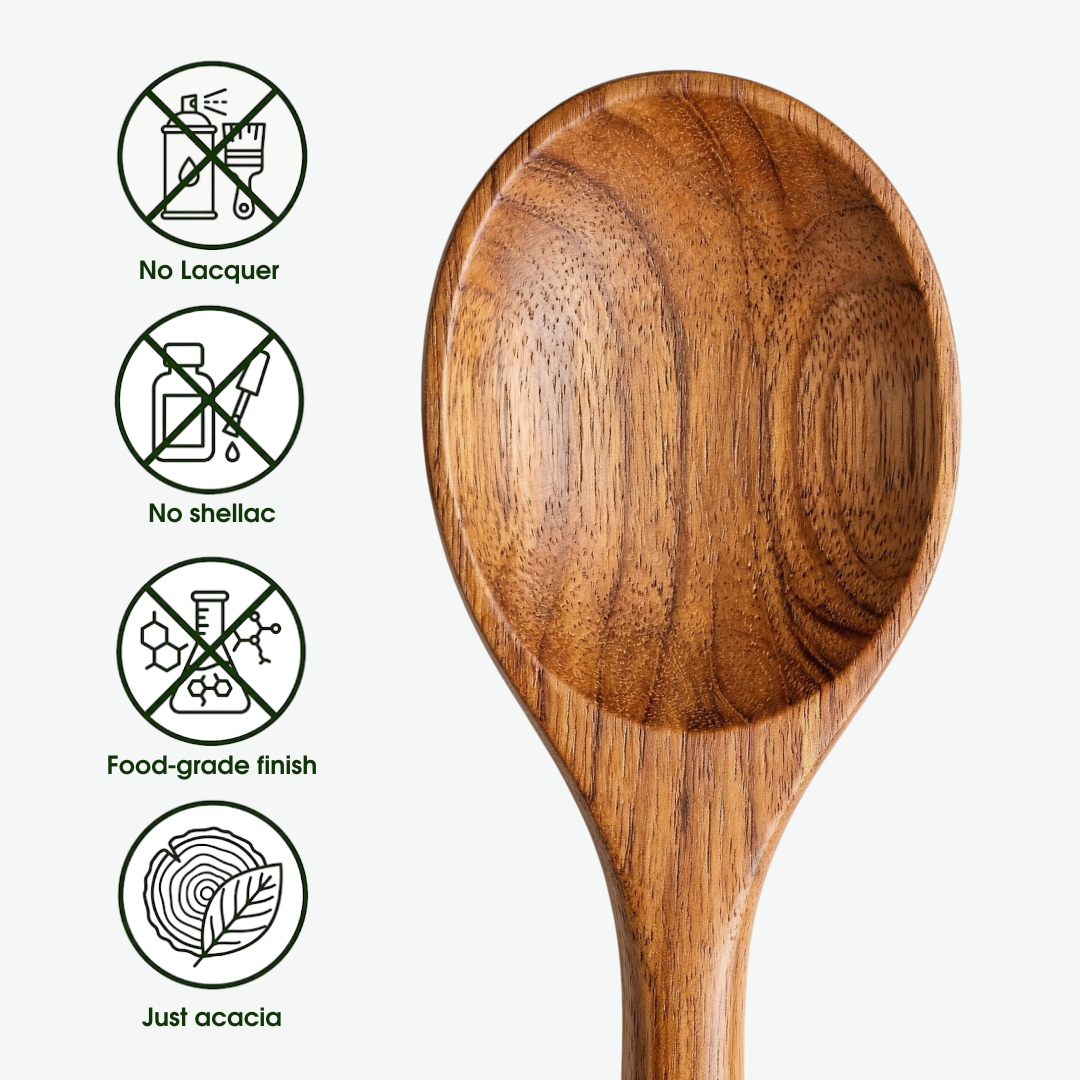 Close-up of an acacia wood spoon and its natural finish