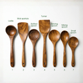 Seven-piece acacia wood utensil set with each utensil labelled