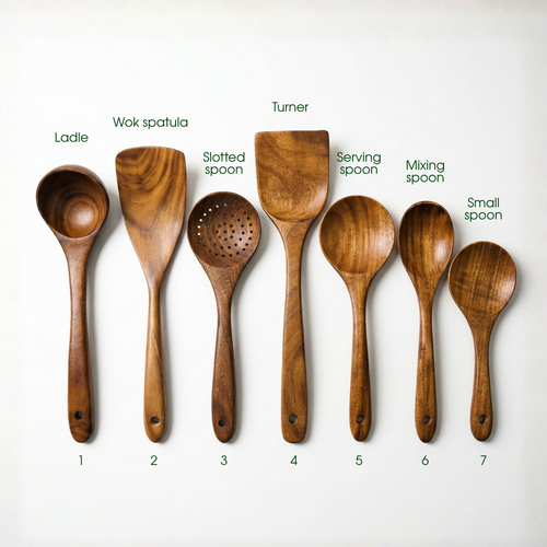 Seven-piece acacia wood utensil set with each utensil labelled