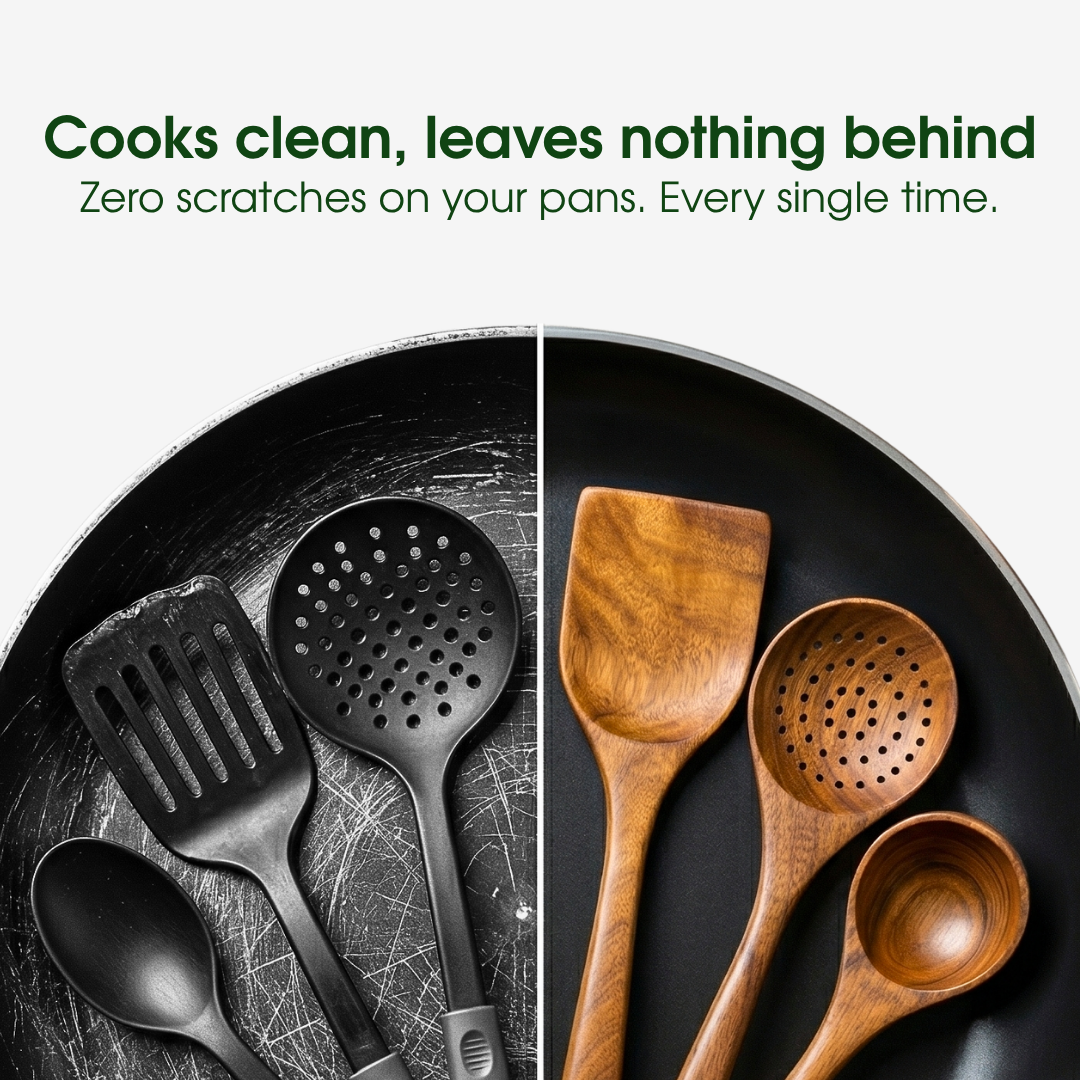 Acacia wood utensils shown alongside cookware